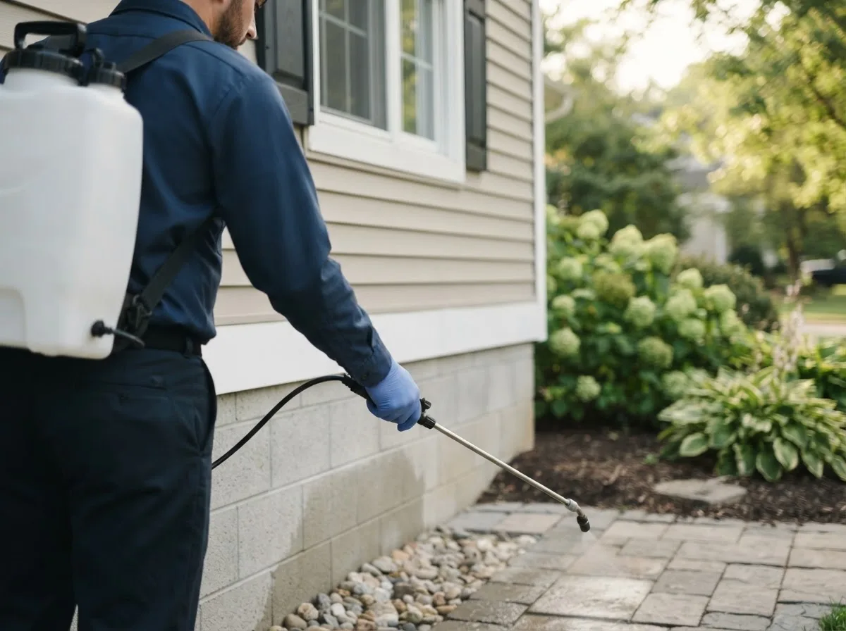 Pest control technician inspecting a home in Oskaloosa, KS
